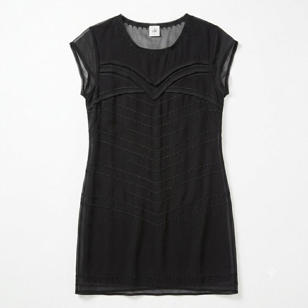 Cabi Sheer Chiffon Fringe Embroidered Mini Dress Black Art Deco Womens Small